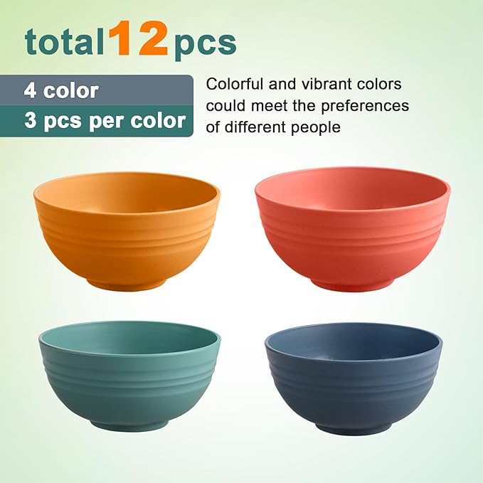 12 Pcs Unbreakable Cereal Bowls Set, 26 Oz Wheat Straw Bowls Set, Microwave & Dishwasher Safe Bowls for Kitchen, Reusable Plastic Bowls for Soup, Salad and Snack, BPA Free, Multicolor