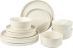Gibson Home Dempsey Road 12-Piece Stoneware Dinnerware Set – Service for 4, Round White Plates and Bowls, Durable Solid Color Modern Embossed Dish Set, Microwave & Dishwasher Safe