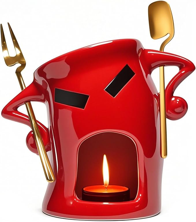 Ceramic Fondue Cup Set w/Built-In Fork & Spoon - Mini Chocolate/Cheese Fondue Mug | Microwave & Dishwasher Safe | Compact Gift-Ready (Red)