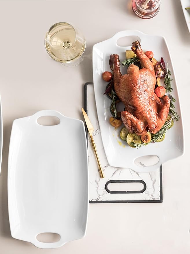 Turkey Serving Platter for Entertainment, Serving Tray with Handles Large, Party, Display, LYEOBOH 16 inch Rectangle Porcelain Platters Set of 2, White