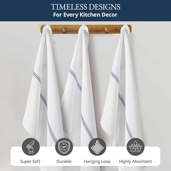 LANE LINEN Kitchen Towel Set - 24 Pack 100% Natural Cotton Absorbent Dish Towels for Kitchen, Reusable Wash Cloths, Machine Washable Hand Cloth, 14"x25", Soft & Durable - Blue Stripe