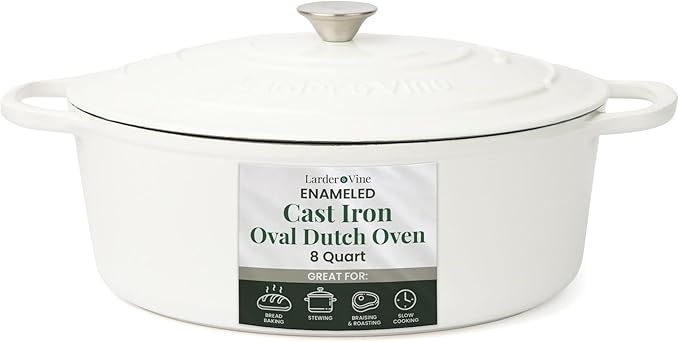 Larder & Vine Enameled Cast Iron 8 qt Dutch Oven Pot with Lid | Bread Baking | Compatible on All Cooktops & Oven Safe to 500° F | Great for Sourdough Bread | White
