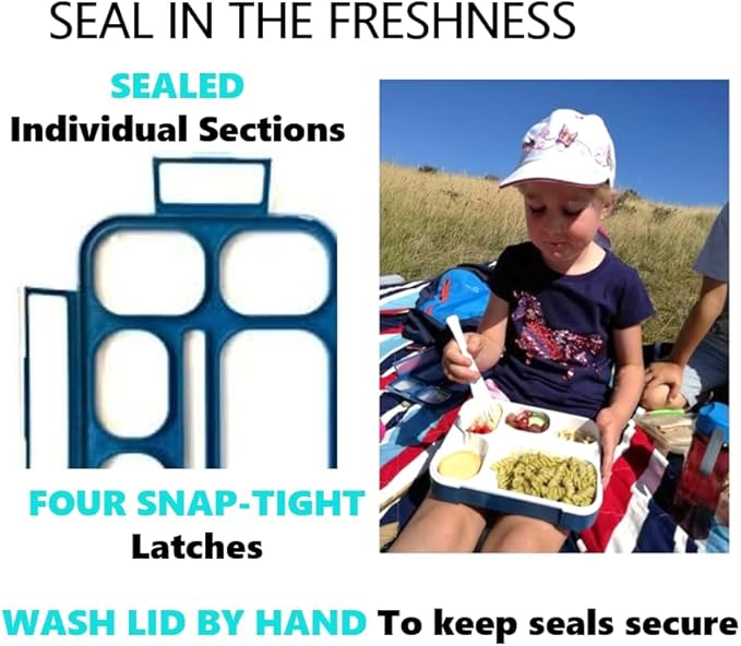 Bento-Box with Bag and Ice Pack Set. Lunch Boxes Snack Containers Kids Boys Girls Adults. 6 Compartments, Leakproof Portion Boxes Insulated Bags for School Lunches, BPA Free (Blue + Navy)