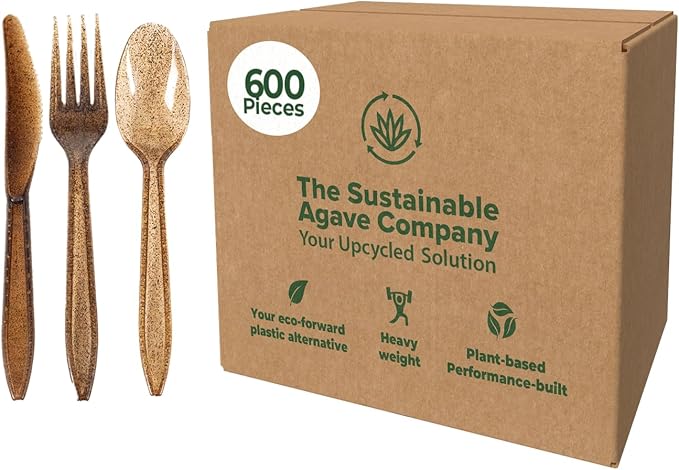 Sustainable Agave Co - Agave Fiber Cutlery Set - 200 pcs/each (600pcs total) - Plant-Based, Made With Upcycled Materials - Bulk Brown Forks, Knives Spoons Variety Pack