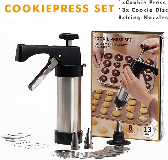 Stainless Steel Cookies Press, Cookies Press for Baking,Cookie Press Gun Kit with 13 Cookie Discs and 8 Piping Tips for DIY cake Maker Decorating Baking Supplies
