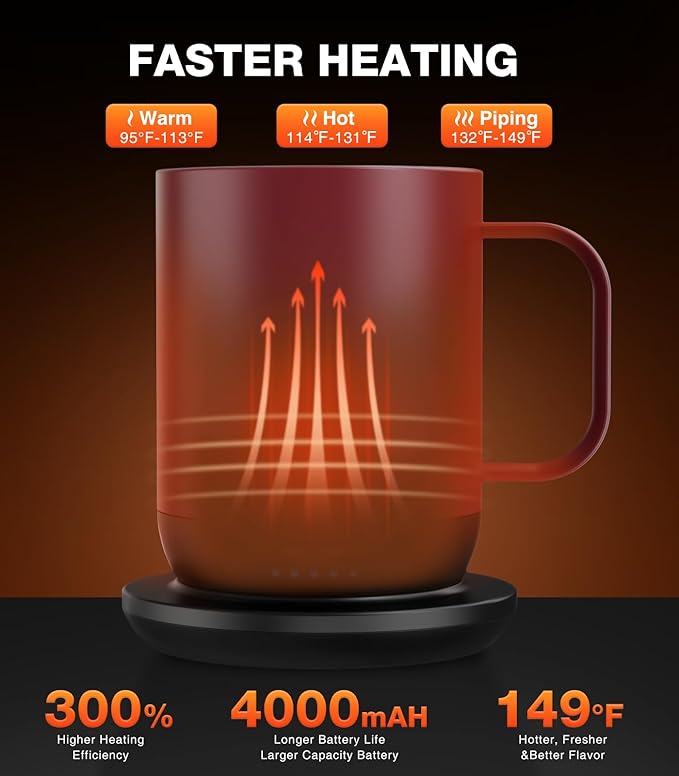Self Heating Coffee Mug T1-16oz Fast Heating & Ultra Long-Lasting Battery Life, Heated Coffee Mug Up to 149℉ - Touch & App Controlled Coffee Mug, Birthday Gifts for Women and Men