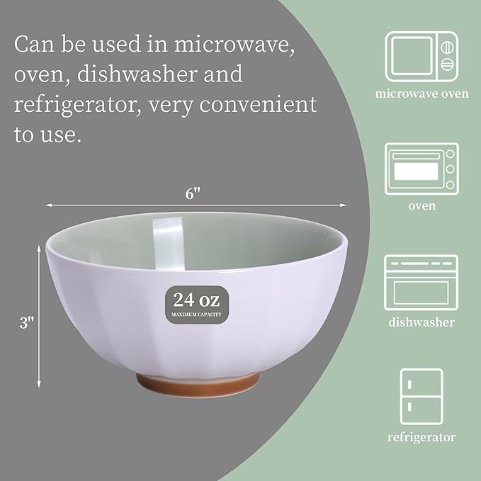 6-Piece Pasta Bowls 24 oz, Green Porcelain Bowls 6 inch, Microwave Oven Dishwasher Safe Scratch Resistant