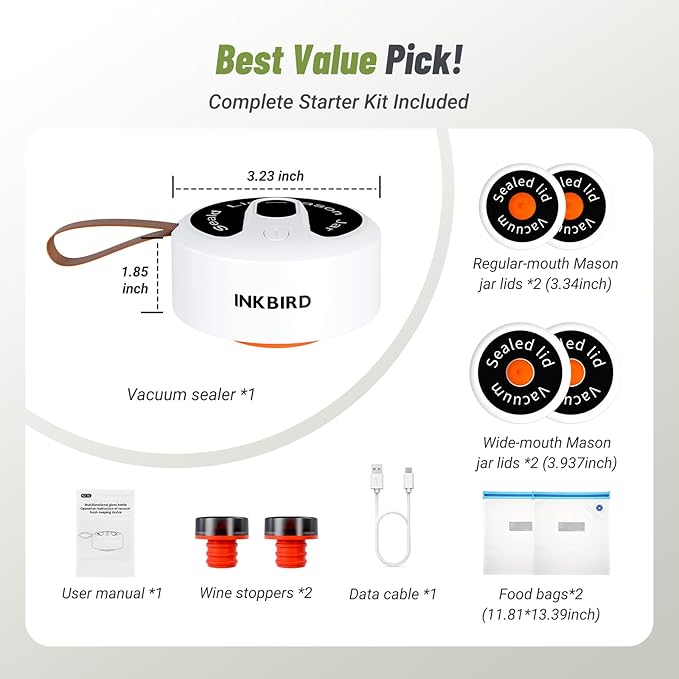 INKBIRD 3-in-1 Electric Jar Vacuum Sealer Kit for Wide/Regular Mouth Mason Jars & Bags, Wireless Portable & Automatic Mini Vacuum Sealer with Reusable Jar Lids*4 for Canning Jar, 100 Cycles, Gift