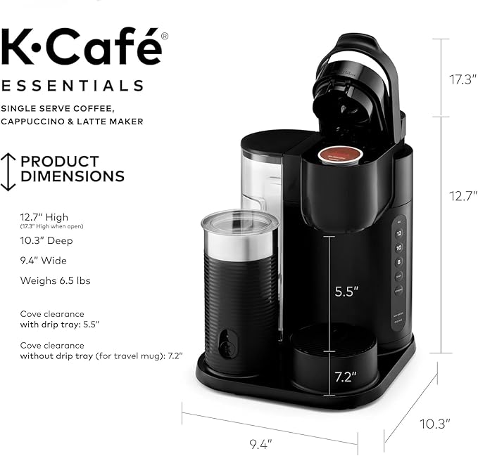 Keeurig K-Café Single Serve Coffee Maker, Built-In Milk Frother, Latte & Cappuccino Brewer, Espresso Shot, 3 Brew Sizes, 42 oz Water Reservoir, Travel Mug Friendly, Compact Design (Black 42oz)