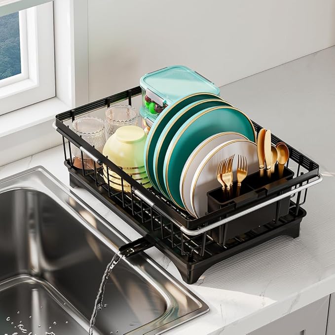Small Dish Drying Rack in Sink, Expandable Stainless Steel Dish Drainers for Kitchen Counter, with Drain Board & Utensil Holder(Black)