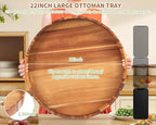 Extra Large Round Ottoman Coffee Table Tray, 22" Big Kitchen Serving Trays for Huge Ottoman Counter Giant Decorative Organizer, Huge Wood Serveware Tray with Built-in Handle for Big Job
