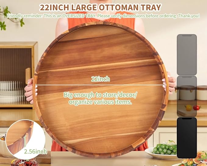 Extra Large Round Ottoman Coffee Table Tray, 22" Big Kitchen Serving Trays for Huge Ottoman Counter Giant Decorative Organizer, Huge Wood Serveware Tray with Built-in Handle for Big Job