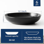 Y YHY Pasta Bowls 30oz, Large Salad Serving Bowls, Shallow Soup Bowls, Porcelain Pasta Bowls Set of 6, Microwave Dishwasher Safe, Black
