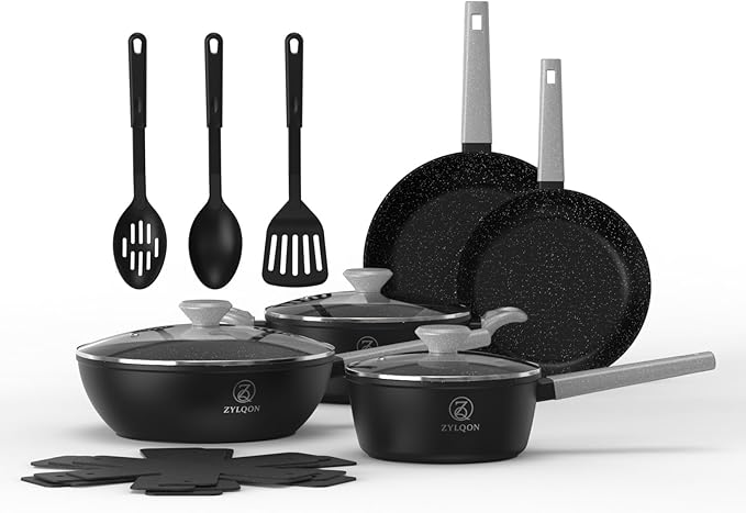 15-Piece Nonstick Cookware Set, Pots and Pans with Ceramic Coating, PFOA Free, Induction Ready with Stay-Cool Handles, Dishwasher Safe, Works with All Stovetops, Black/Grey Speckle
