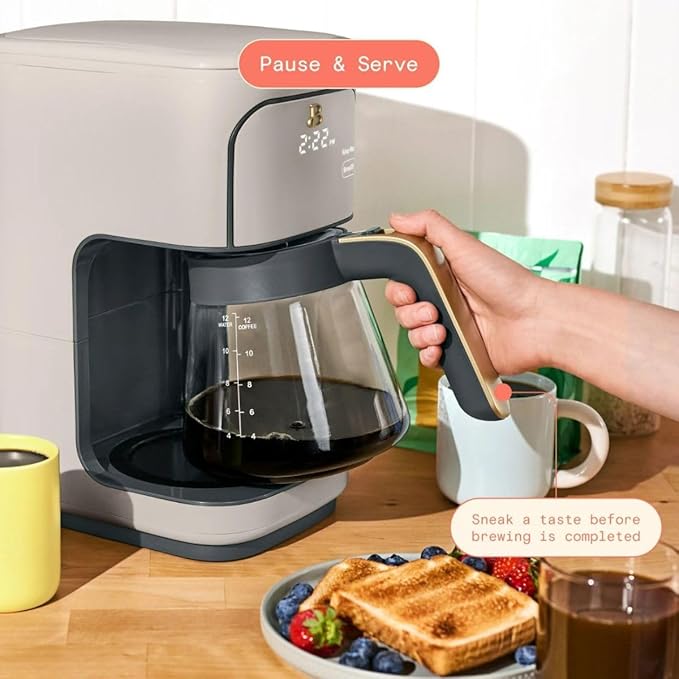 Beautiful 12-Cup Programmable Coffee Maker with Touch Activated Display, Auto Brew Timer, Reusable Filter, Large Glass Carafe (Porcini Taupe)