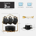 Lareina 3-Ounce Porcelain Espresso Cups Set of 6, Stackable Coffee Cups with Saucers, Spoons and Metal Stand, Ceramic Demitasse Mugs, Espresso Accessories for Machine, Black