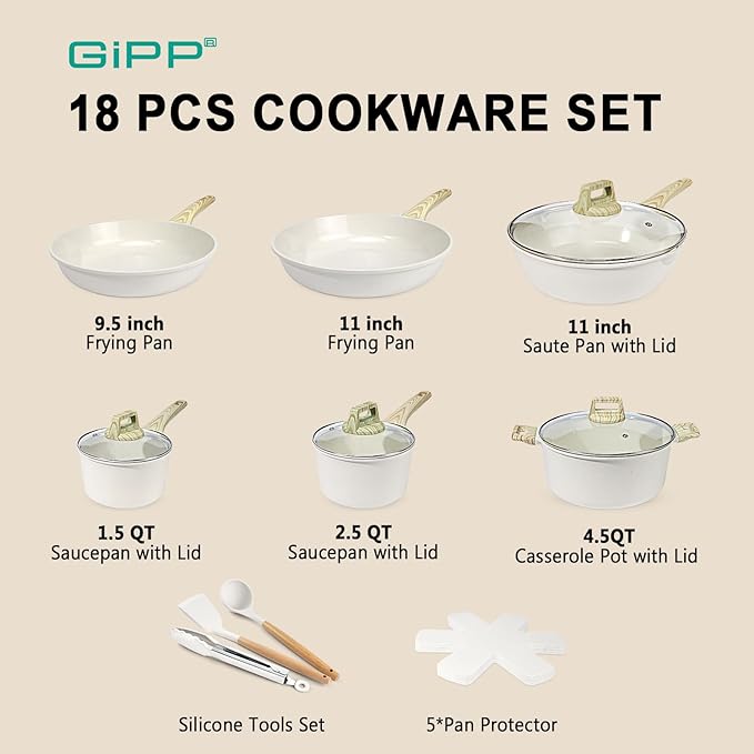GiPP Ceramic Non Stick Pots and Pans Set - 18 Pcs Nonstick Cookware Set, Non-toxic Healthy Kitchen Cooking Set w/Frying Pans Set, Dishwasher Safe, PFAS PTFE PFOA PFOS Free, White