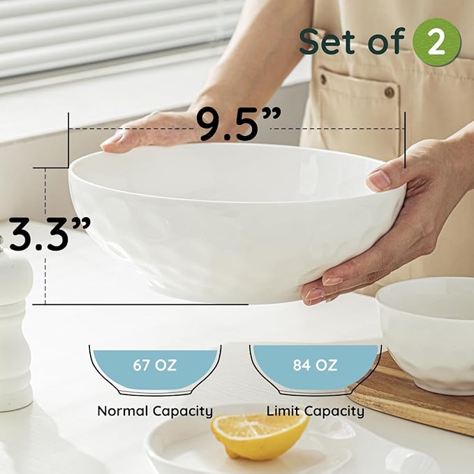 Large Pasta Bowls Set of 2, 9 Inch Pasta Serving Bowl Dinner Bowls, Wide and Shallow Microwave Dishwasher Safe Bowl Set of 2
