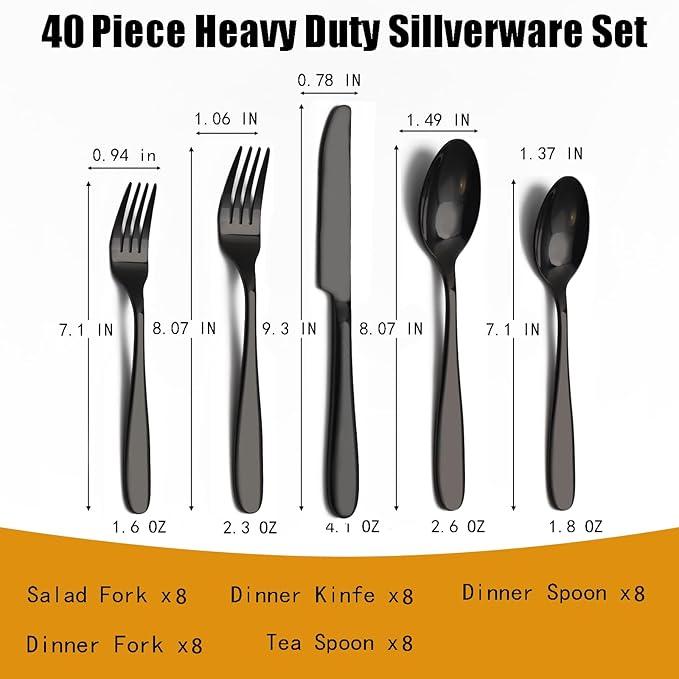 40-Piece Black Silverware Set, Flatware Set for 8, Food-Grade Stainless Steel Tableware Cutlery Set, Mirror Finished Utensil Sets for Home Restaurant, Forks Spoons and Knives Set, Dishwasher Safe