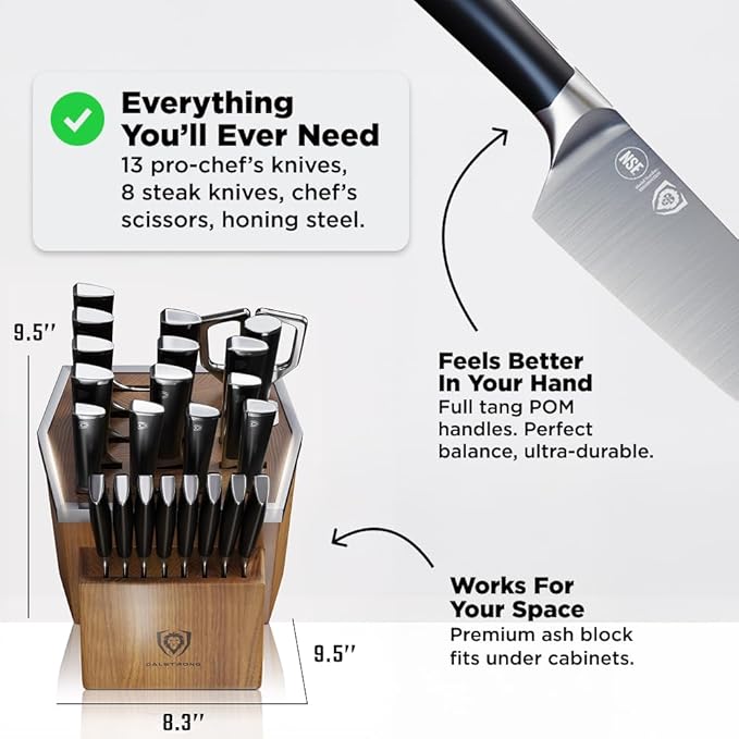 Dalstrong Vanquish Series - 24pc Stainless Steel Knife Set with Block & Kitchen Scissors - Forged High Carbon German Stee l- Knife Set w/POM Black Handle - NSF Certified
