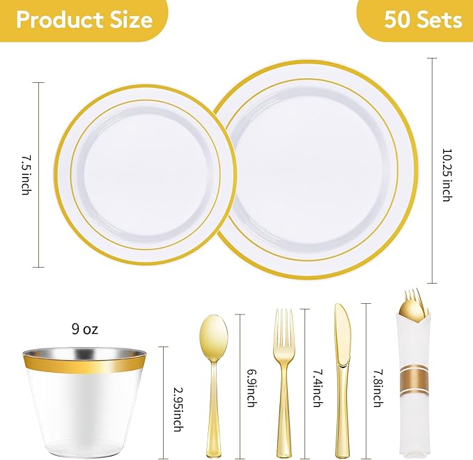 Goodluck 350 Piece Gold Plastic Dinnerware Set for 50 Guests, Fancy Disposable Plates for Party, Include: 50 Dinner Plates, 50 Dessert Plates, 50 Pre Rolled Napkins with Silverware, 50 Cups