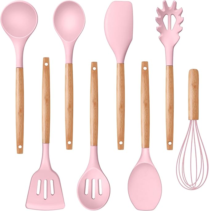 P&P CHEF Silicone Cooking Utensils Set, 8-Piece Kitchen Cooking Utensil with Wooden Handle, Silicone Spatula for Nonstick Cookware, Heat-proof & Easy Clean, Pink
