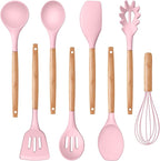 P&P CHEF Silicone Cooking Utensils Set, 8-Piece Kitchen Cooking Utensil with Wooden Handle, Silicone Spatula for Nonstick Cookware, Heat-proof & Easy Clean, Pink