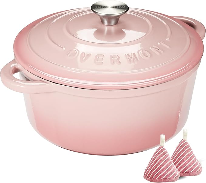 Overmont Enameled Cast Iron Dutch Oven - 5.5QT Pot with Lid Cookbook & Cotton Potholders - Heavy-Duty Cookware for Braising, Stews, Roasting, Bread Baking pink
