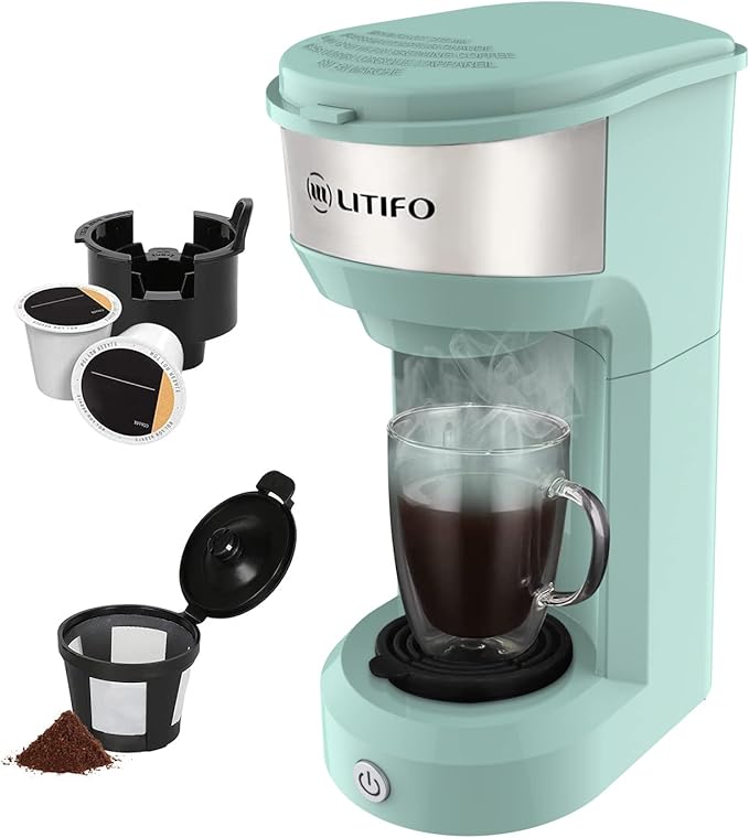 LITIFO Single Serve Coffee Maker for Ground coffee, Tea & K Cup Pod, 2-In-1 Small Coffee Machine with 6 to 14oz Reservoir, One-Button Fast Brew, Auto Shut-off & Self Cleaning Function (Green)