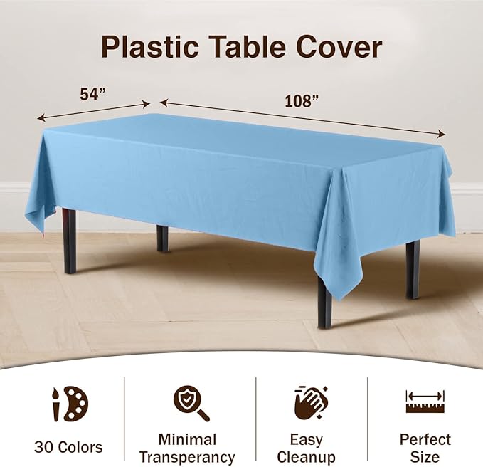 Exquisite 12-Pack Premium Plastic Tablecloth 54in. x 108in. Rectangle Table Cover - Light Blue