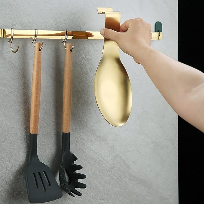 Matte Gold Spoon Rest, Stainless Steel Spoon Holder for Stove Top, kitchen utensils Holder for Ladles, Tongs, Spatula, Stove Spoon Holder, Pot Lid Holder, Dishwasher Safe (1PC-9.5 Inch)