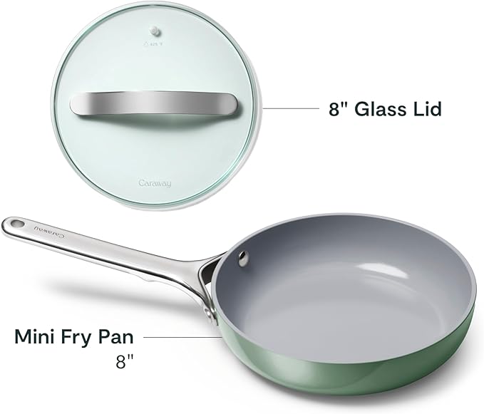 Caraway Nonstick Ceramic Mini Fry Pan With Glass Lid (1.05 qt, 8") - Non Toxic, PTFE & PFOA Free - Oven Safe & Compatible with All Stovetops (Gas, Electric & Induction) - Sage
