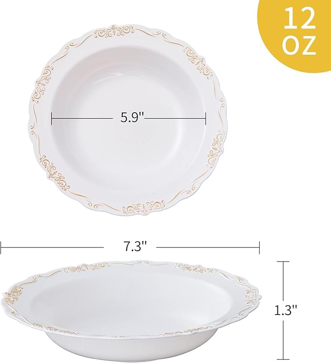 N9R 30PCS Disposable Soup Bowls with Gold Relief, 12 Oz Fancy Plastic Soup Bowls for Holidays, Parties, Weddings, Catering and Everyday Use