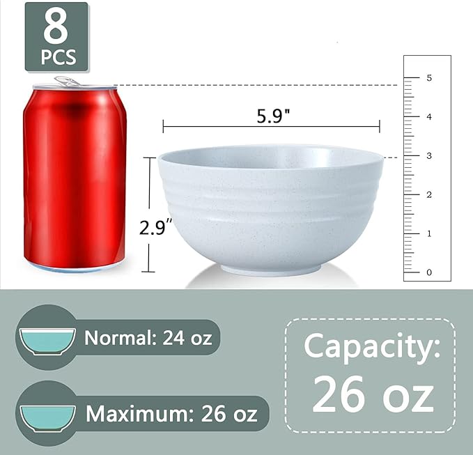 Homestockplus Cereal Bowls 24 OZ Microwave and Dishwasher Safe Bowl BPA-Free Eco-Friendly Bowl Sets Mixed Color for Cereal, Salad, Soup, Rice[Set of 8]