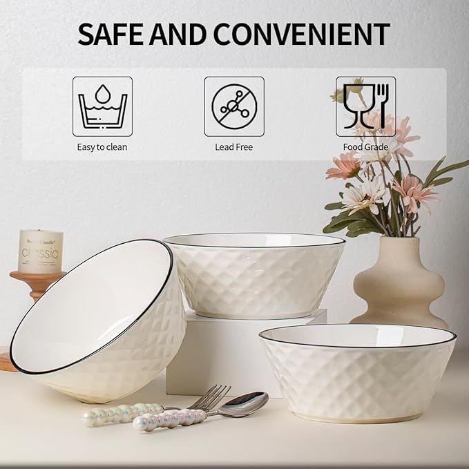 Yeacccng Deep Soup Bowls Set of 3, 46oz Large Cereal Bowls, Large Soup Bowl for Kitchen, 8 inch Diamond Pattern Decorative Bowls, Dishwasher & Microwave Safe, Scratch-Resistant, Lead-Free, Easy Clean