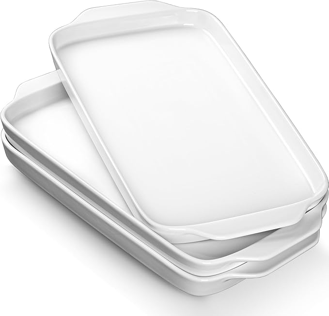 Dizada Large Serving Platter with Handles, 16" x 9" Porcelain Serving Tray, White Rectangular Platters for Entertaining & Serving Food, Serving Trays for Party, Appetizer, Charcuterie - Set of 3