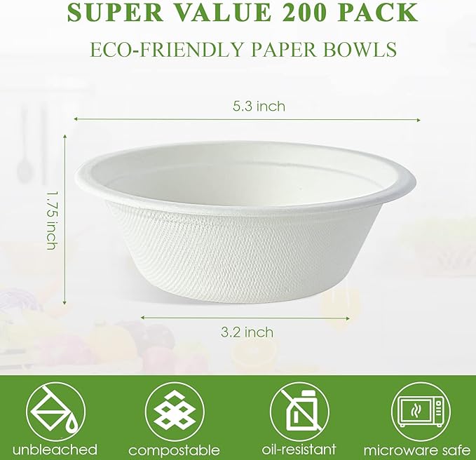 Vplus 200 Pack 12 OZ Paper Bowls, Disposable Compostable Bowls Bulk, Eco-friendly Bagasse Bowls, Heavy-duty Bowls Perfect for Milk Cereals, Snacks, Salads