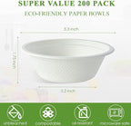 Vplus 200 Pack 12 OZ Paper Bowls, Disposable Compostable Bowls Bulk, Eco-friendly Bagasse Bowls, Heavy-duty Bowls Perfect for Milk Cereals, Snacks, Salads