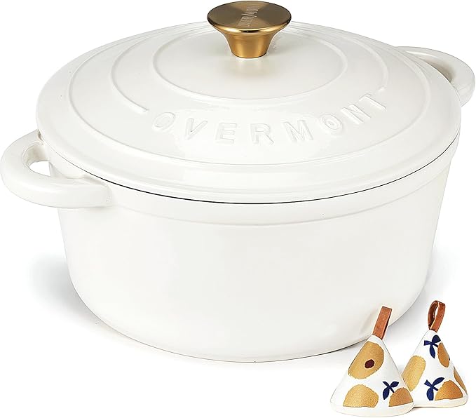 Overmont Enameled Cast Iron Dutch Oven - 5.5QT Pot with Lid Cookbook & Cotton Potholders - Heavy-Duty Cookware for Braising, Stews, Roasting, Bread Baking Pearl White