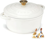 Overmont Enameled Cast Iron Dutch Oven - 5.5QT Pot with Lid Cookbook & Cotton Potholders - Heavy-Duty Cookware for Braising, Stews, Roasting, Bread Baking Pearl White