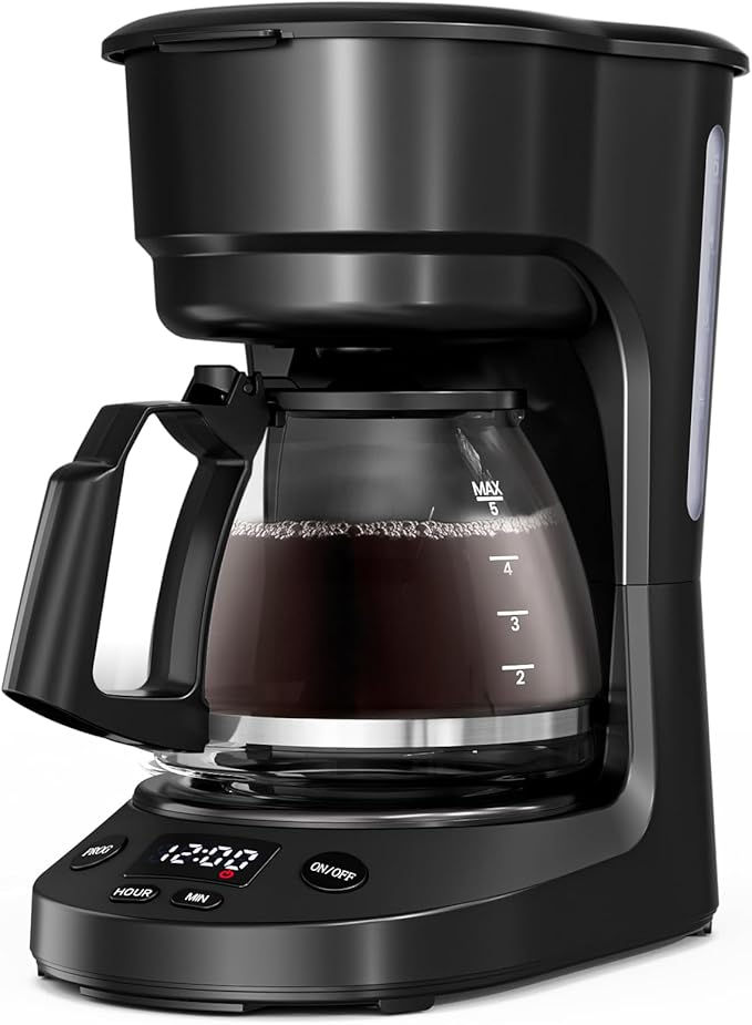 WAA 5 Cup Drip Coffee Maker, Portable Coffee Machine with Programmable Timer, Coffee Pots with Reusable Filter, Auto Shut-Off and Keep Warm Plate, Delay Brew, 25oz Water Tank, Black