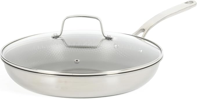 Martha Stewart Badgley Hybrid Nonstick 12 Inch TriPly Stainless Steel Large Fry Pan With Lid & Stay Cool Handle - Laser Etched Non-Toxic Nonstick Skillet - Dishwasher and Induction Safe
