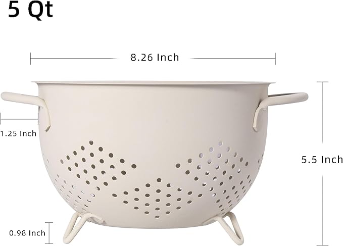 Metal Colander 5 Quart Powder Coated Self-draining Metal Strainer with Base,Kitchen Pasta Fruit Vegetable Basket with Double Handles (Sand Yellow)
