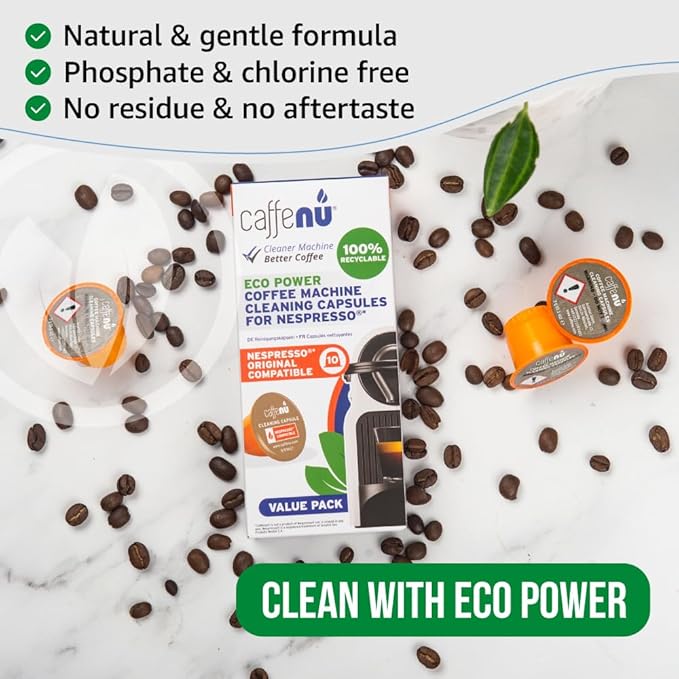 Nespresso Compatible Cleaning Pods. 10 Cleaner Capsules. Improved Coffee Flavor. For Nespresso Originaline, Use with Descaling Kit.