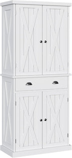 DWVO 72'' Farmhouse Kitchen Pantry, Rustic Wood Kitchen Storage Cabinets with Adjustable Shelves & Drawer, Tall Freestanding Cupboard for Dining Room, Living Room, White