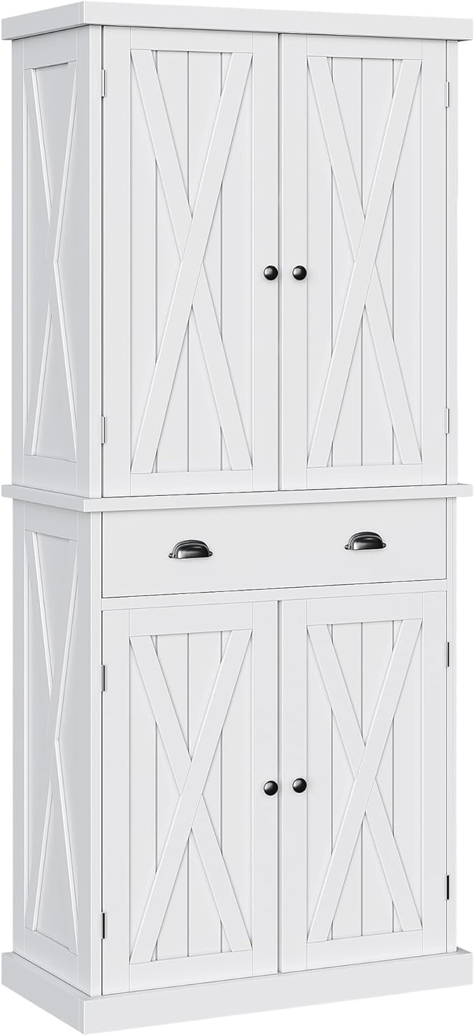 DWVO 72'' Farmhouse Kitchen Pantry, Rustic Wood Kitchen Storage Cabinets with Adjustable Shelves & Drawer, Tall Freestanding Cupboard for Dining Room, Living Room, White