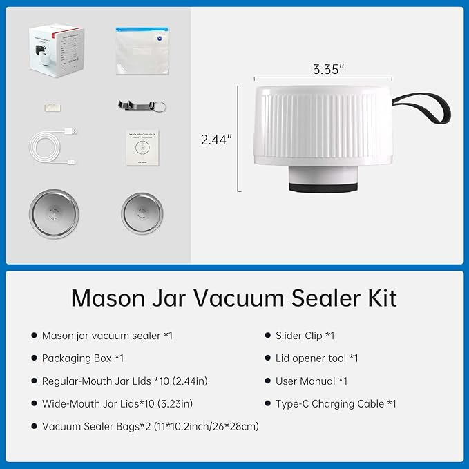 Electric Mason Jar Vacuum Sealer Kit, 3-in-1 Handheld Automatic Vacuum Sealer for Mason Jars, Food Savers & Containers | Ideal for Canning Jams, Pickles, Dry Foods, Grains | Present for Mom, White