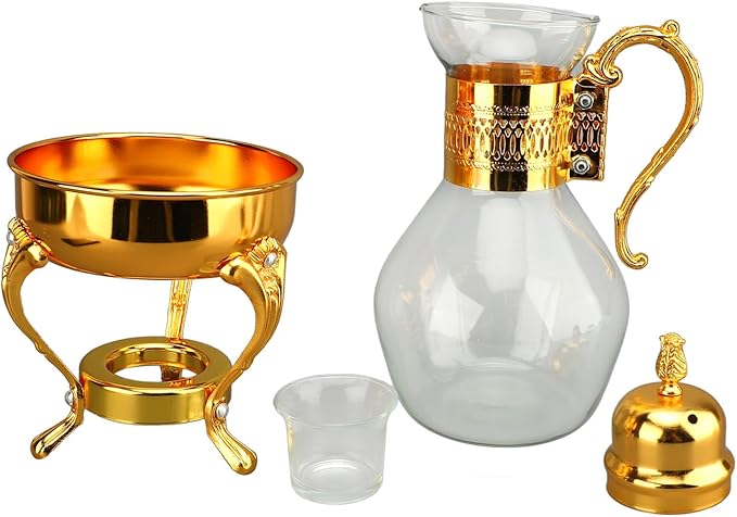 Fockety Vintage Turkish Coffee Pot Set, Decorative Glass Teapot, Heatable Glass Tea Kettle with Lid and Cup, Multi-Purpose Beverage Kettle, Unique Design, Gold
