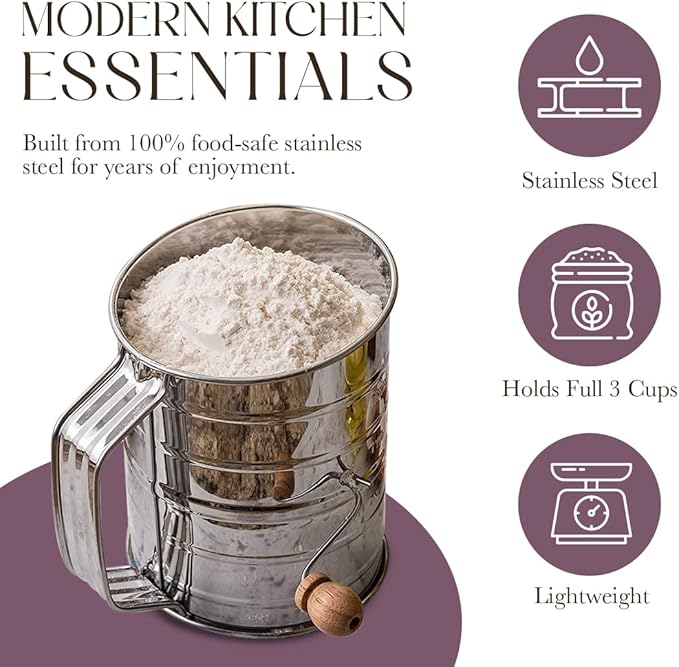 Bellemain 3 Cup Flour Sifter for Baking Fine Mesh Rotary Hand Crank with Loop Agitator for Quick Sifting, Flour Sifter Stainlees Steel