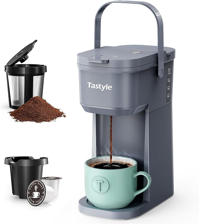 Single Serve One Cup Coffee Maker, for K Cups and Grounds, Mini Coffee Maker with Portable Handle, 6 to 12 Oz Brew Size, for Travel, Camping, Office, RV and Dorm, 120V, Cool Gray
